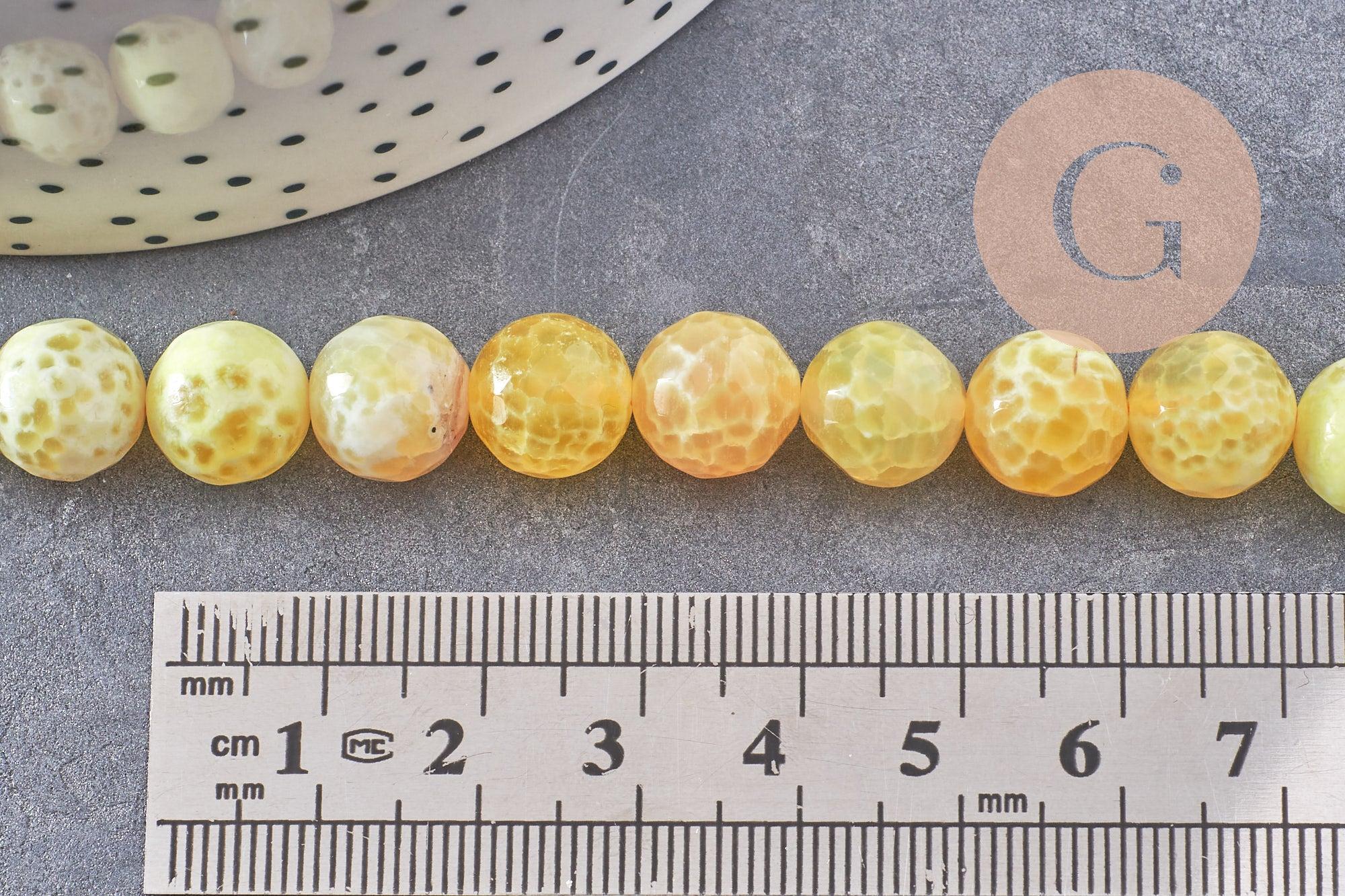 Perle agate feu rayée naturelle jaune facettée 10mm, x1 fil de 39cm (G2649)