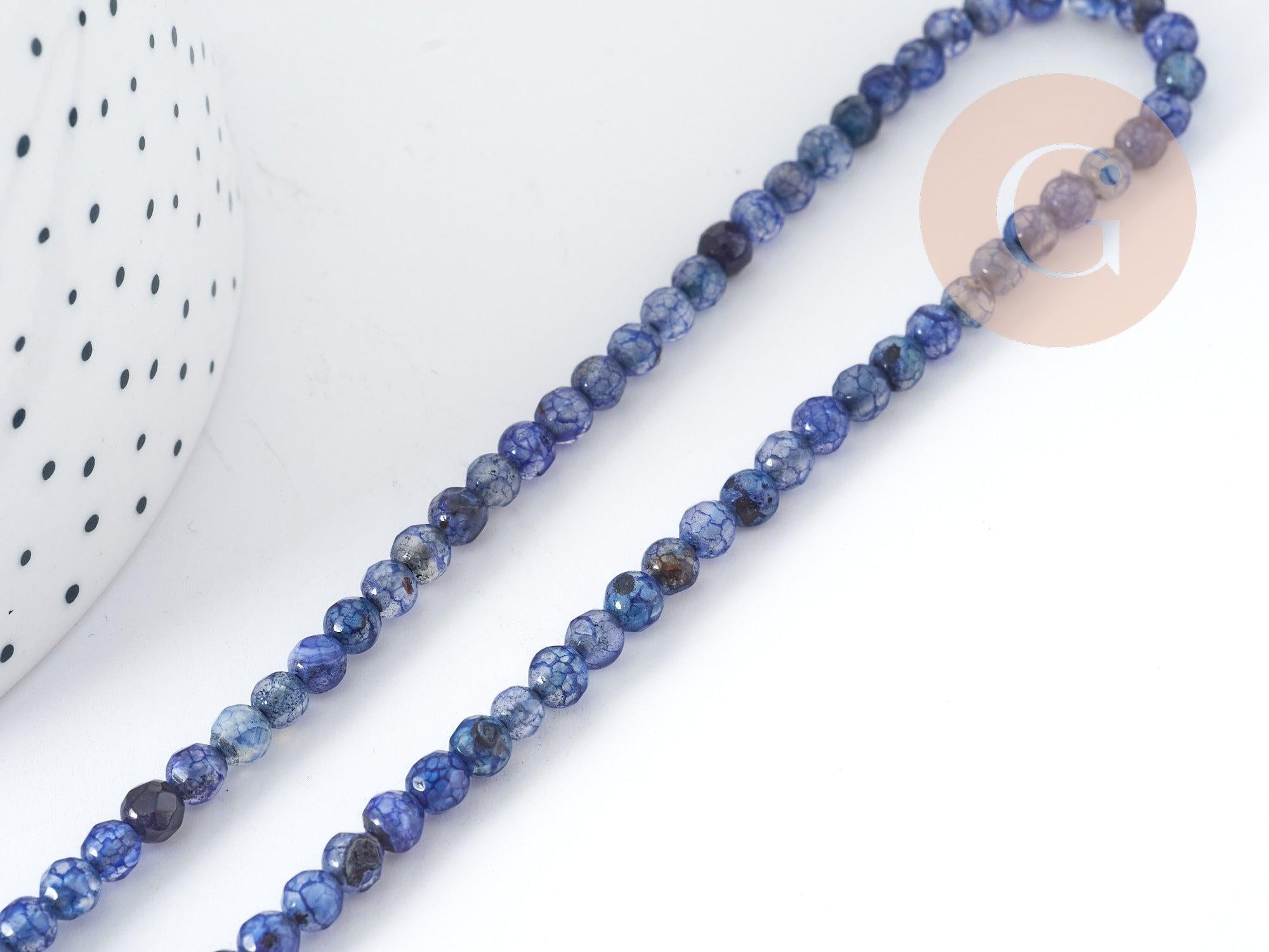 Perle agate ronde facettées agate naturelle bleue 4mm, pierre DIY, fil de 37cm, x1 (G8978)