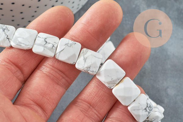Perle carrée en howlite naturelle 12mm, bijou en pierre naturelle, howlite naturelle, perle en pierre, fil de 20cm, x1 G5884