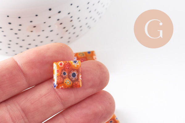 Perle carrée verre millefiori 14mm perle verre, x5 (G3786)