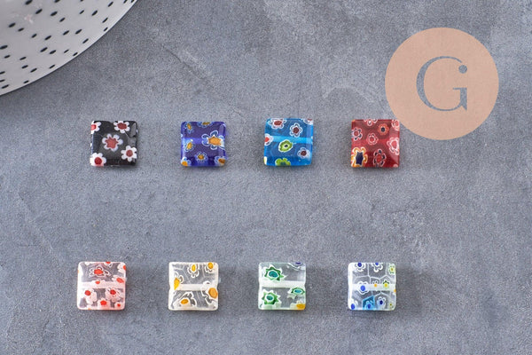 Perle carrée verre millefiori, perle verre,verre artisanal, perle bijou été, 10mm, x5 (G2614)