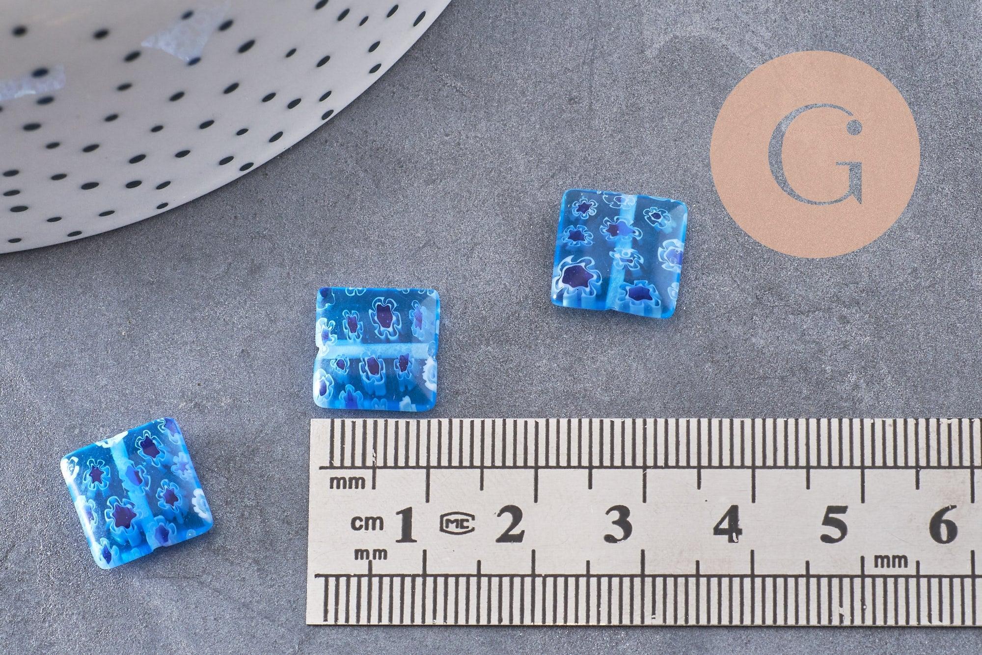 Perle carrée verre millefiori, perle verre,verre artisanal, perle bijou été,création bijoux 11mm, x5 (G5366)