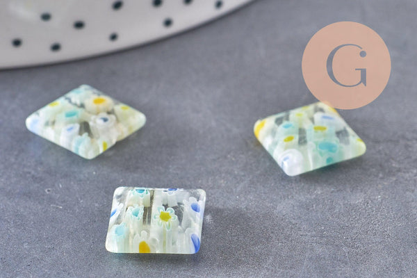 Perle carrée verre millefiori, perle verre,verre artisanal, perle bijou été,création bijoux 11mm, x5 (G5366)