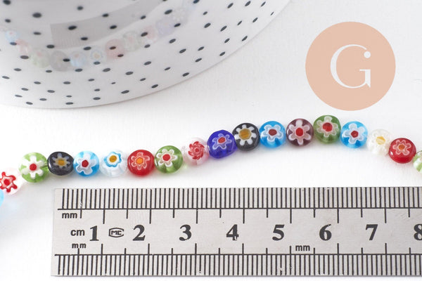 Perle cercle verre millefiori 6mm, perle verre chance, perle artisanale verre, perle bijou été, fil de 35 cm, x1 (G5384)