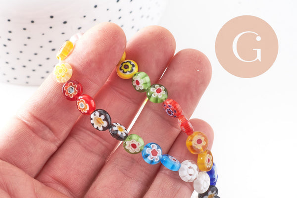 Perle cercle verre millefiori 8mm, x1 fil de 34cm (G5678)