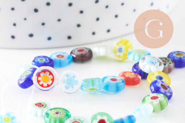 Perle cercle verre millefiori, perle verre chance, perle artisanale verre,perle bijou été, 8mm,le fil de 45 perles, x1 (G2804)