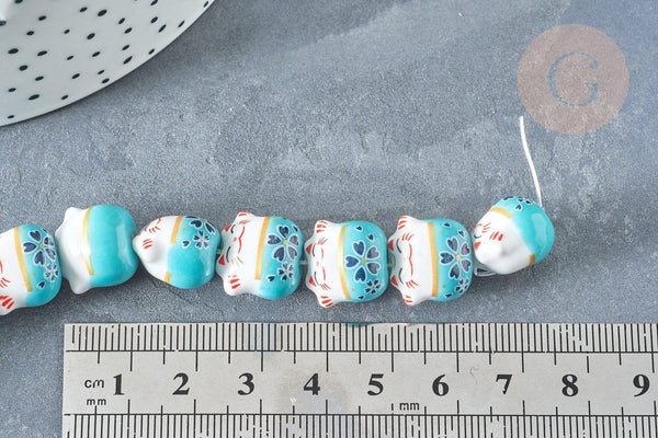 Perle chat porte-bonheur Porcelaine blanc turquoise 14mm, x5 (G8186)