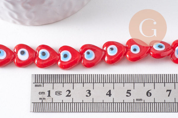 Perle coeur Mauvais Oeil verre rouge 12mm, x1 fil de 35cm (G10393)
