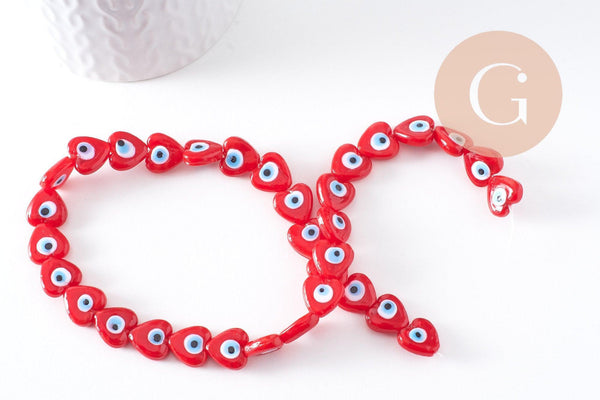 Perle coeur Mauvais Oeil verre rouge 12mm, x1 fil de 35cm (G10393)