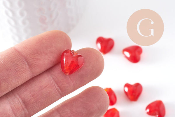 Perle coeur en verre rouge artisanal façon Murano 12mm, x10 (G10389)