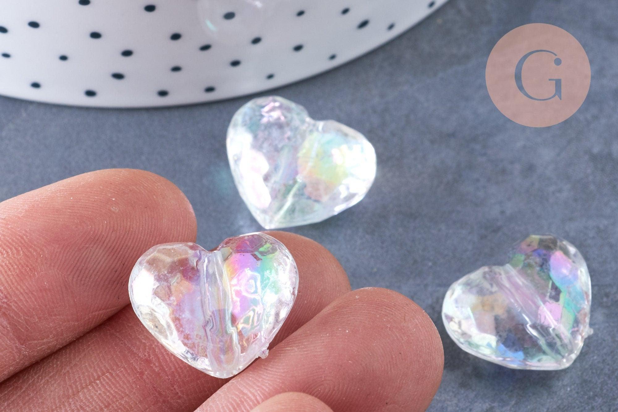 Perle coeur facette plastique transparent irisé 16mm , perle plastique coeur,x 5 perles G6436