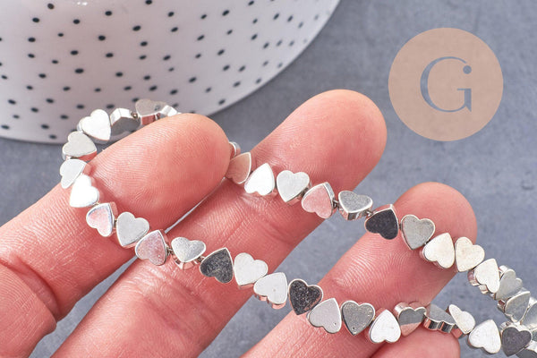 Perle coeur hématite de synthèse argenté 6mm, fil de 40cm x1 (G4107)