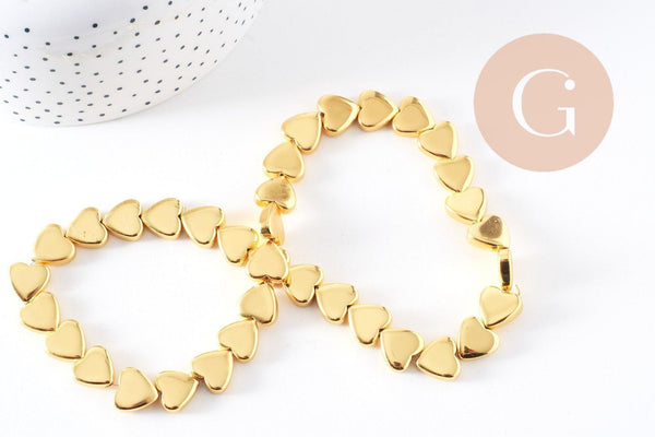 Perle coeur hématite doré 12x13mm, x1 fil de 38cm (G10284)