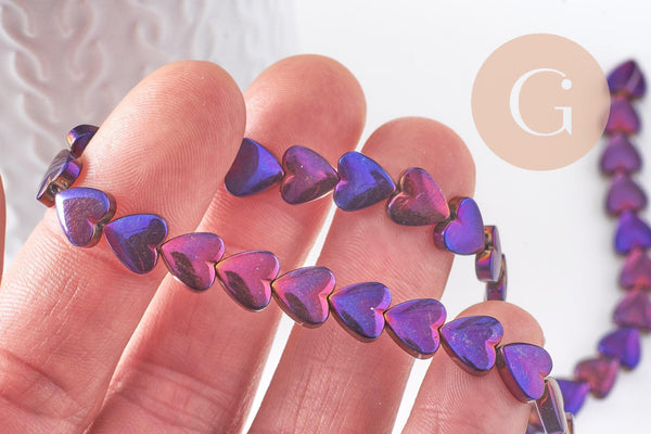 Perle coeur hématite violet 8mm, x1 fil de 38cm (G10338)