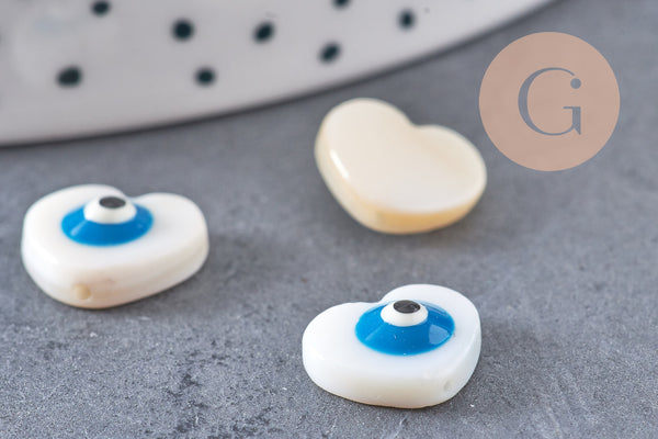 Perle coeur nacre blanche naturelle mauvais oeil bleu clair 12mm, x 10 (G3405)