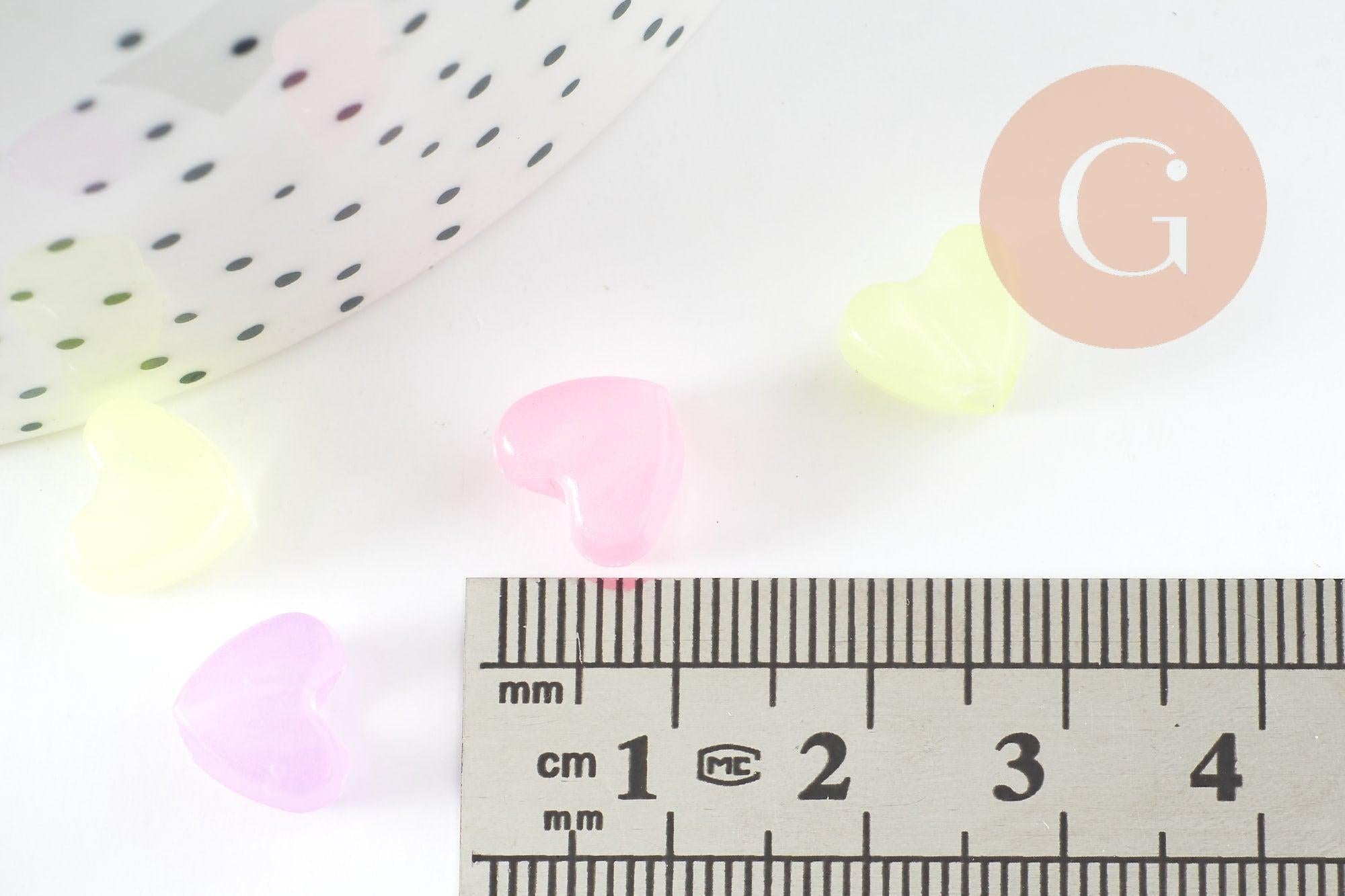 Perle coeur plastique acrylique multicolore plastel phosphorescent 12mm, x20 (G9359)
