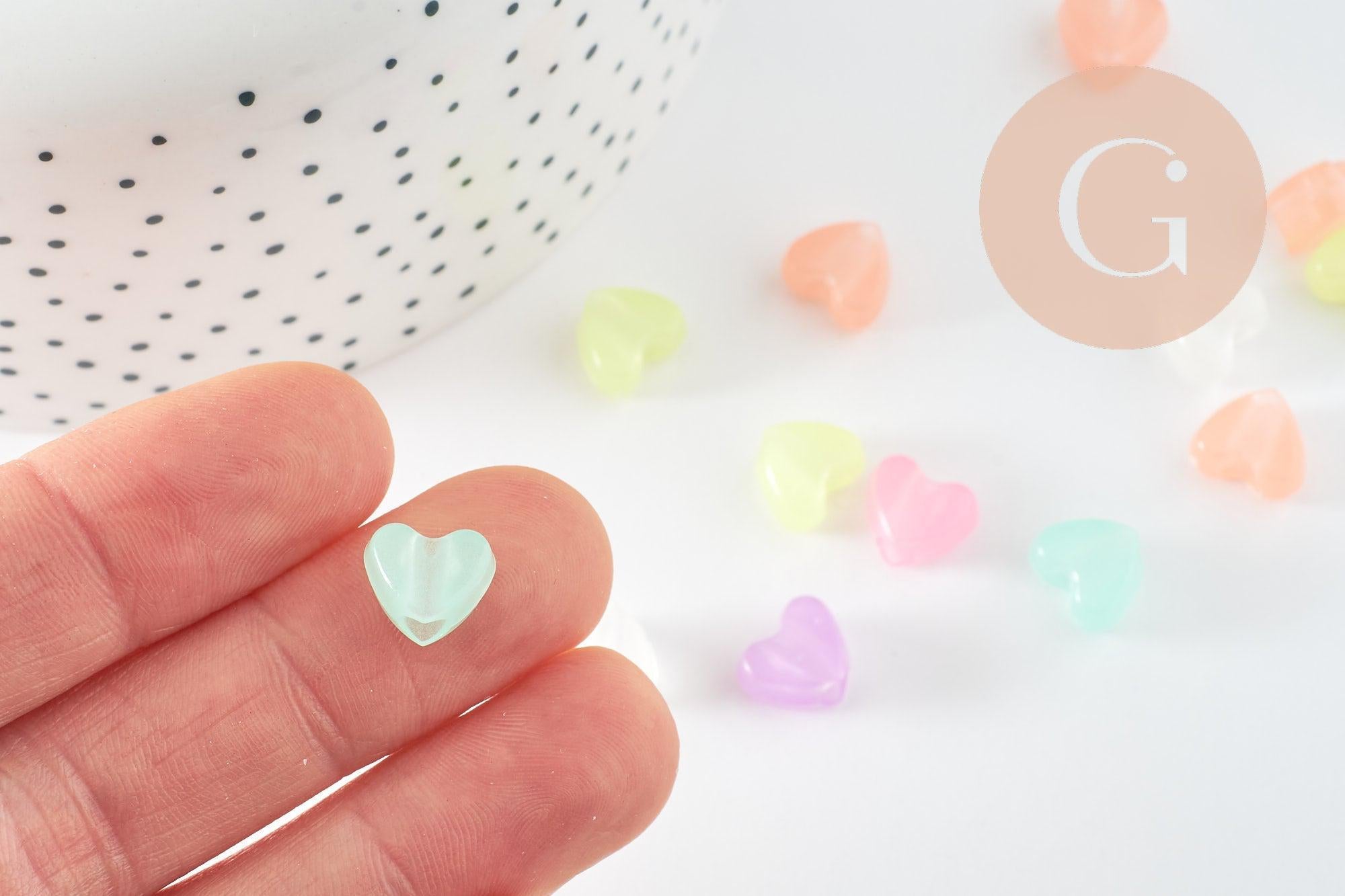 Perle coeur plastique acrylique multicolore plastel phosphorescent 12mm, x20 (G9359)