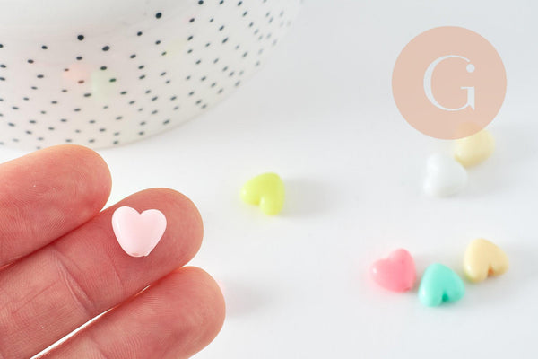 Perle coeur plastique multicolore pastel 9.5mm, x30 (12.6G) (G3492)