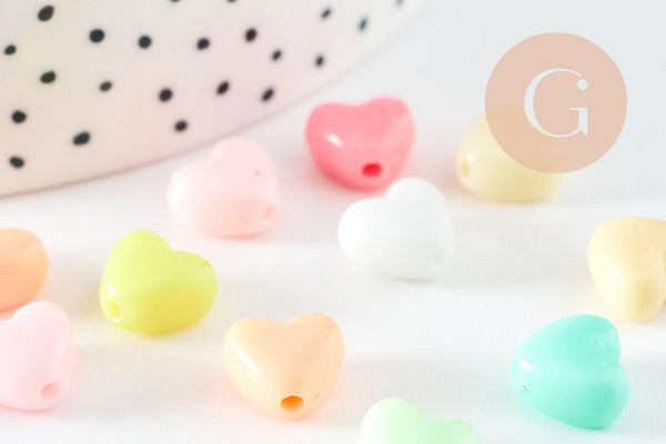 Perle coeur plastique multicolore pastel 9.5mm, x30 (12.6G) (G3492)