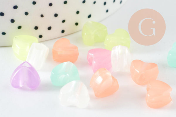 Perle coeur plastique multicolore plastel phosphorescent, perle acrylique, plastique coloré, 12mm, x20 G9359