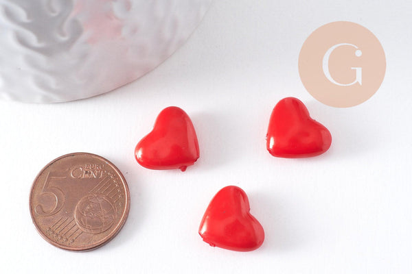Perle coeur plastique rouge 12mm, x5 (G10405)