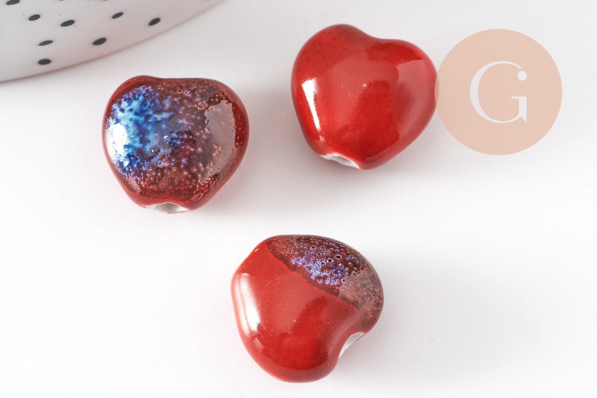 Perle coeur porcelaine rouge-bleu 14-15mm, perle céramique, fabrication bijoux amour et amitié x5 (G9349)