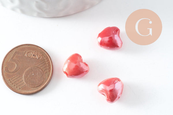 Perle coeur porcelaine rouge irisé 12mm, x5 (G9773)