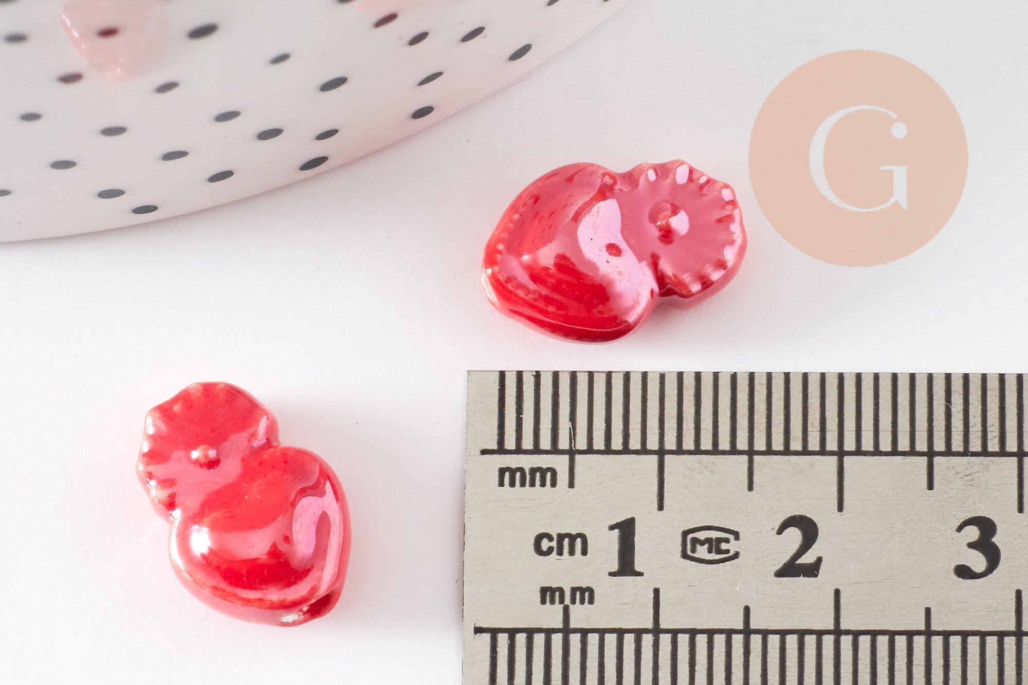 Perle coeur porcelaine rouge irisé 16mm, perle céramique, fabrication bijoux, x10 (G9347)