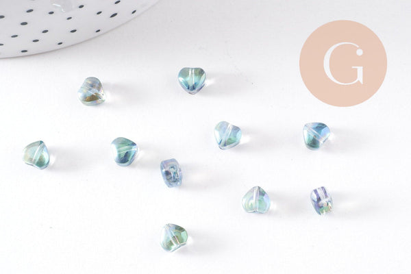 Perle coeur verre bleu irisé 6mm, des perles en verre pour création bijoux, x10 (G6249)