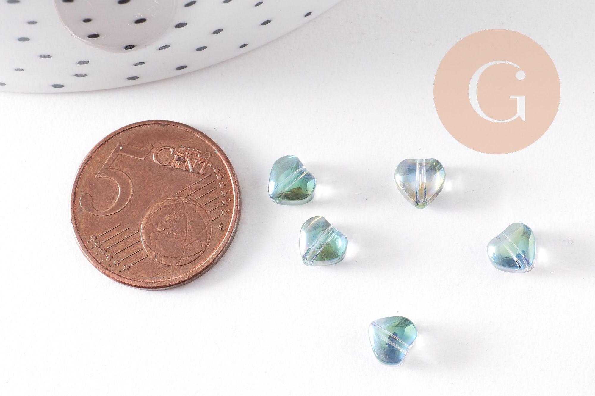 Perle coeur verre bleu irisé 6mm, des perles en verre pour création bijoux, x10 (G6249)