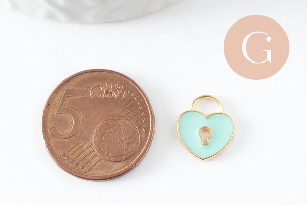 Perle coeur zamac doré cadenas émail vert 13x11mm, création bijou amour amitié x5 G5309