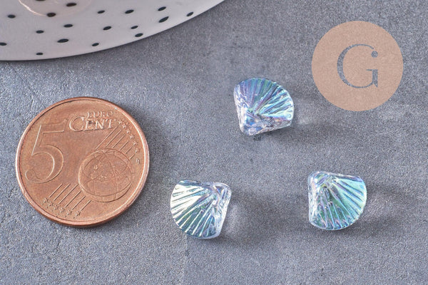 Perle coquillage verre transparent bleu clair 10.5mm, perles verre tchèque, verre bleu, x10 perles (G4375)