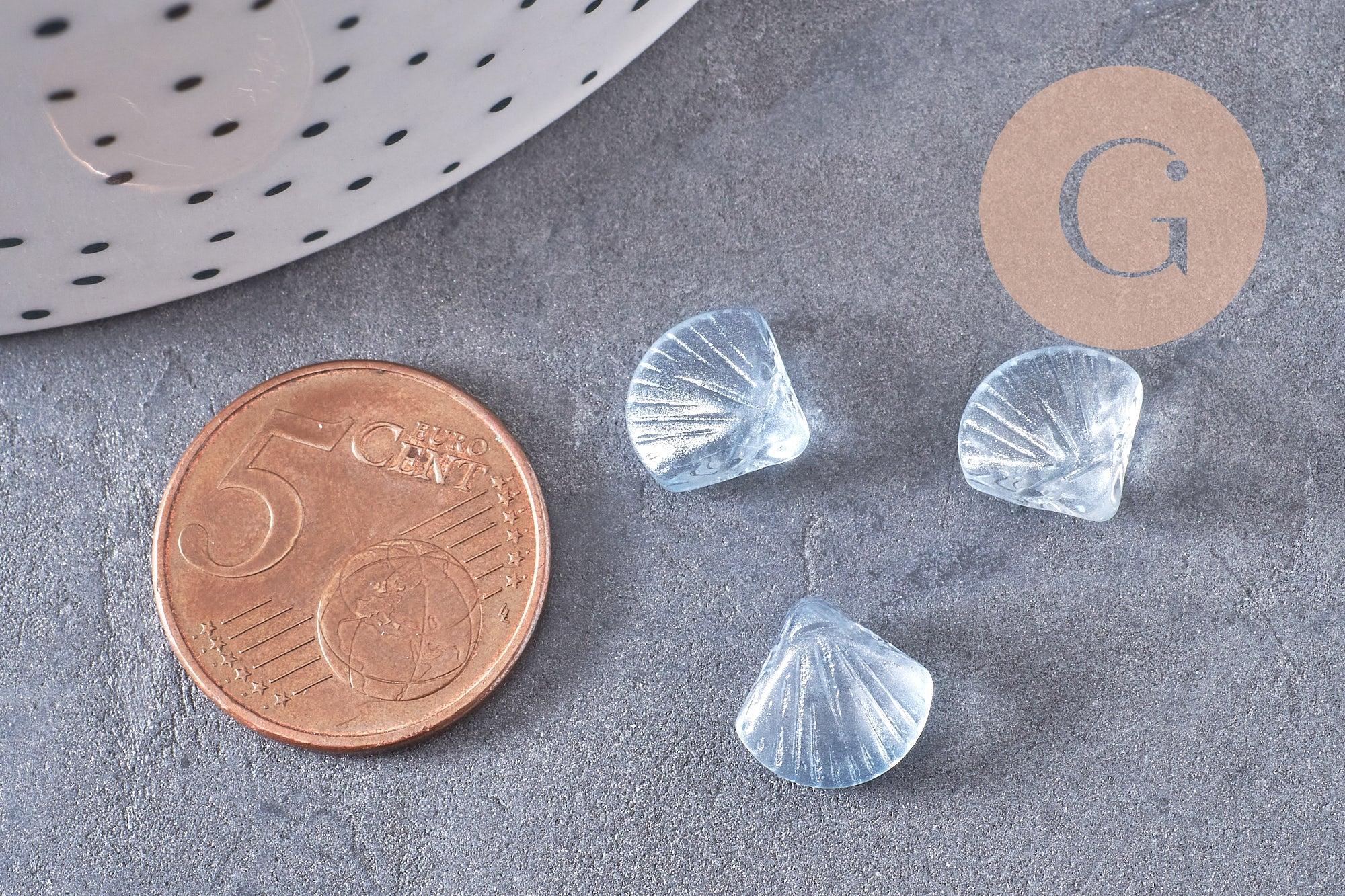 Perle coquillage verre transparent bleu, perles verre tchèque, perle coquille verre bleu, x10 (G5441)