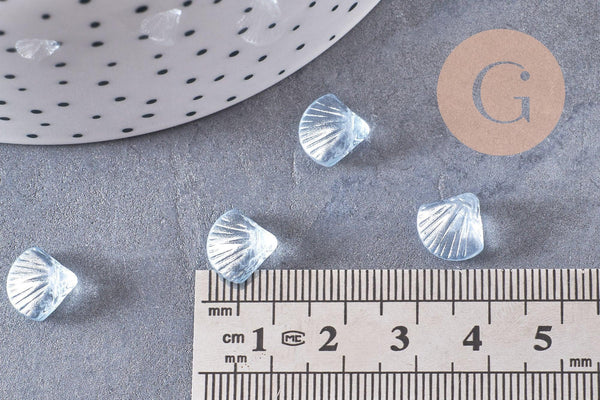 Perle coquillage verre transparent bleu, perles verre tchèque, perle coquille verre bleu, x10 (G5441)