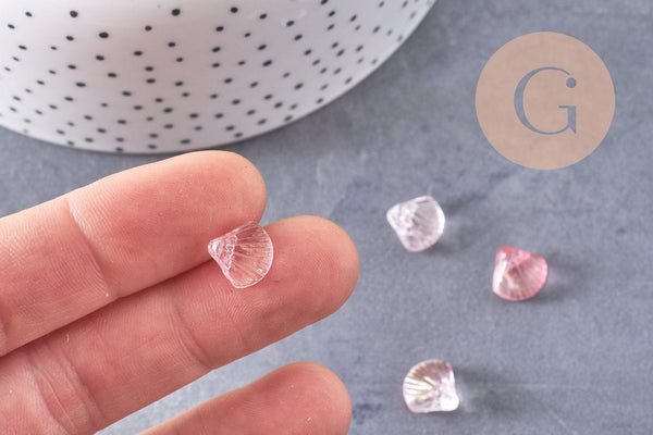 Perle coquillage verre transparent rose clair, perles verre tchèque, perle coquille, verre rose,10.5mm, x10 perles (G5438)
