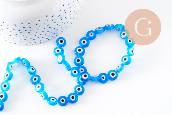 Perle disque Mauvais Oeil Grecque verre bleu, perle verre chance, perle artisanale verre, 10mm, le fil, x1 (G2121)