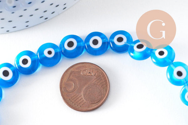 Perle disque Mauvais Oeil Grecque verre bleu, perle verre chance, perle artisanale verre, 10mm, le fil, x1 (G2121)