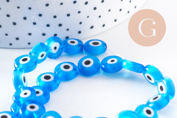 Perle disque Mauvais Oeil Grecque verre bleu, perle verre chance, perle artisanale verre, 10mm, le fil, x1 (G2121)