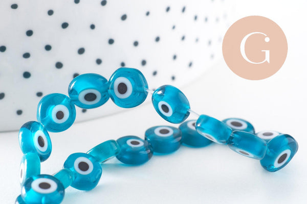 Perle disque Mauvais Oeil Grecque verre bleu turquoise,perle verre chance, perle artisanale verre, 8mm,fil de 49 perles, x1 (G4516)
