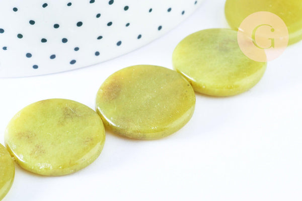 Perle disque jade naturel jaune 25mm,bijoux pierre naturelle, x5 G6466