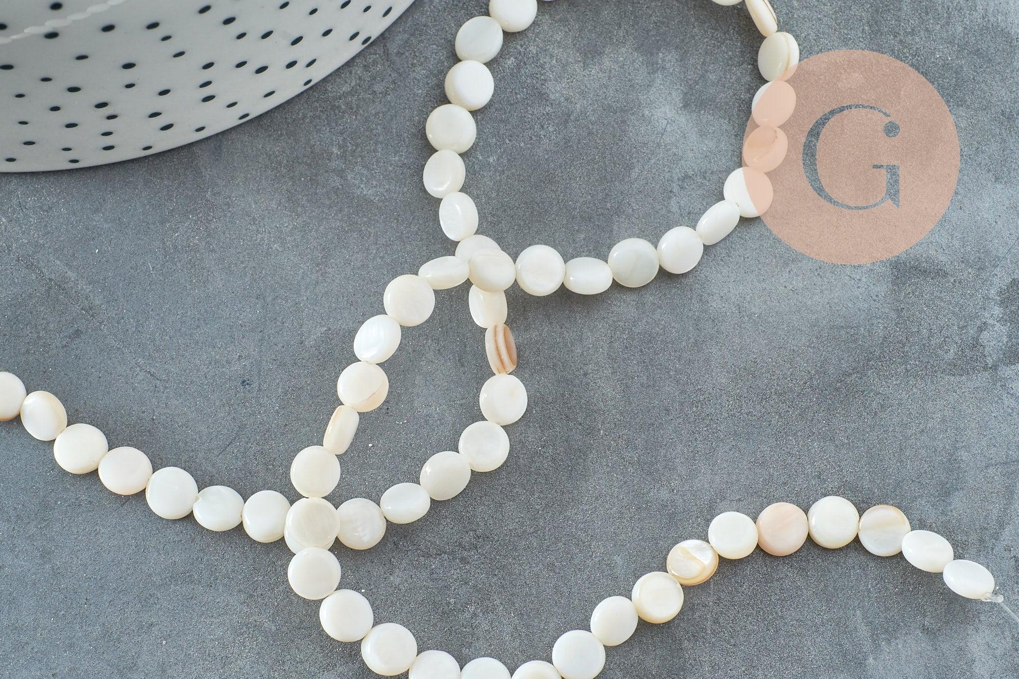 Perle disque nacre coquillage blanc naturel 6mm, x1 fil de 39cm (G5580)