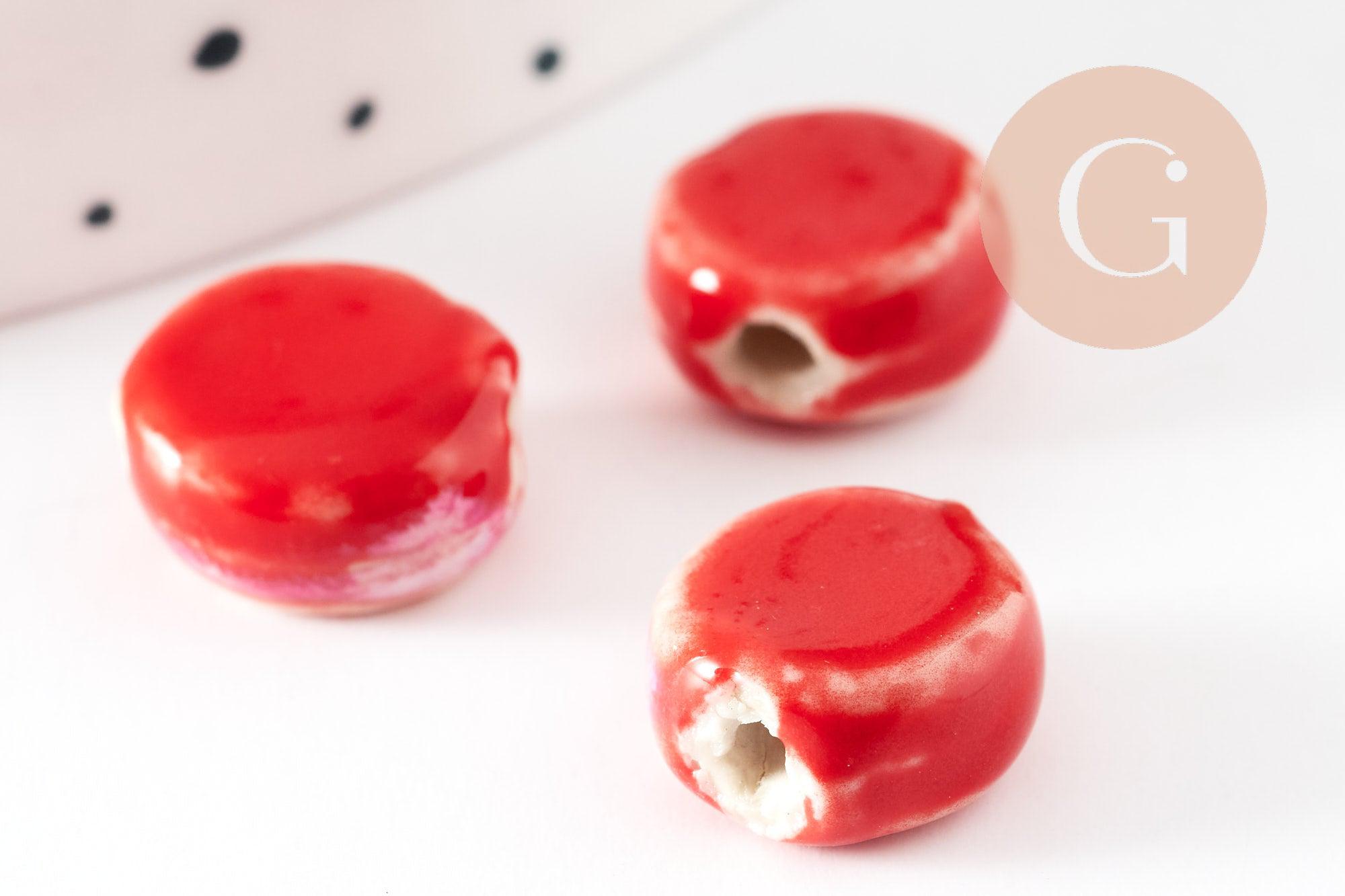 Perle disque porcelaine rouge-blanc 10-11mm, perle céramique artisanale, x5 (G9346)