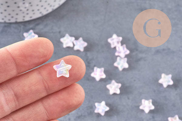 Perle étoile plastique rose irisé,pendentif acrylique transparent ,perle,création bijoux plastique coloré, 11mm, x 30 (7.4gr) (G3493)