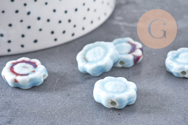 Perle fleur porcelaine bleu clair 17mm, x5 (G10810)