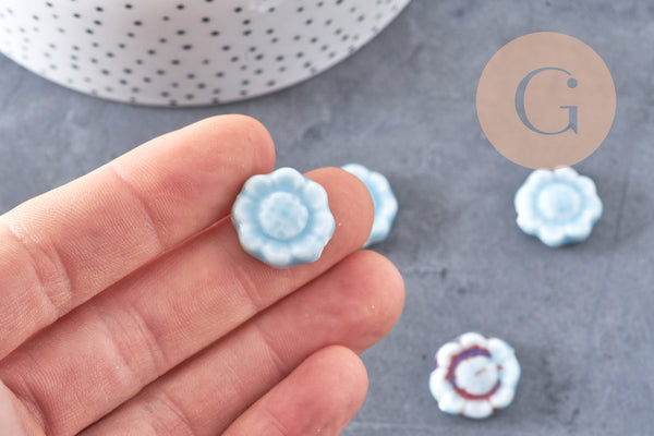 Perle fleur porcelaine bleu clair 17mm, x5 (G10810)