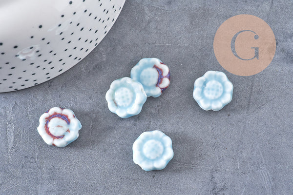 Perle fleur porcelaine bleu clair 17mm, x5 (G10810)