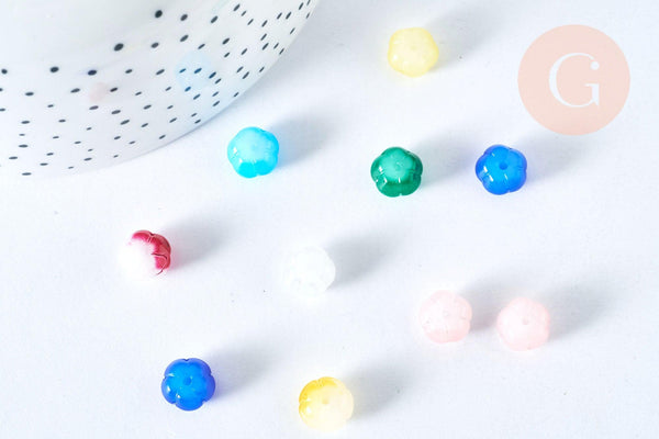 Perle fleurs verre imitation jade multicolore 9.5mm, x10 (G6992)