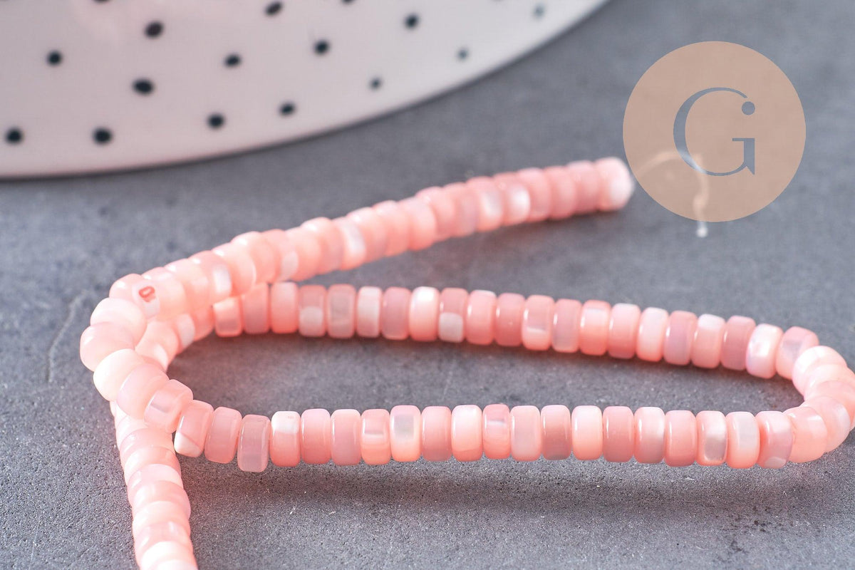 Perle nacre naturelle heishi rose pastel,tube coquillage coloré,perle coquillage, 2x4mm, le fil de 95 perles, x1 (G4474)