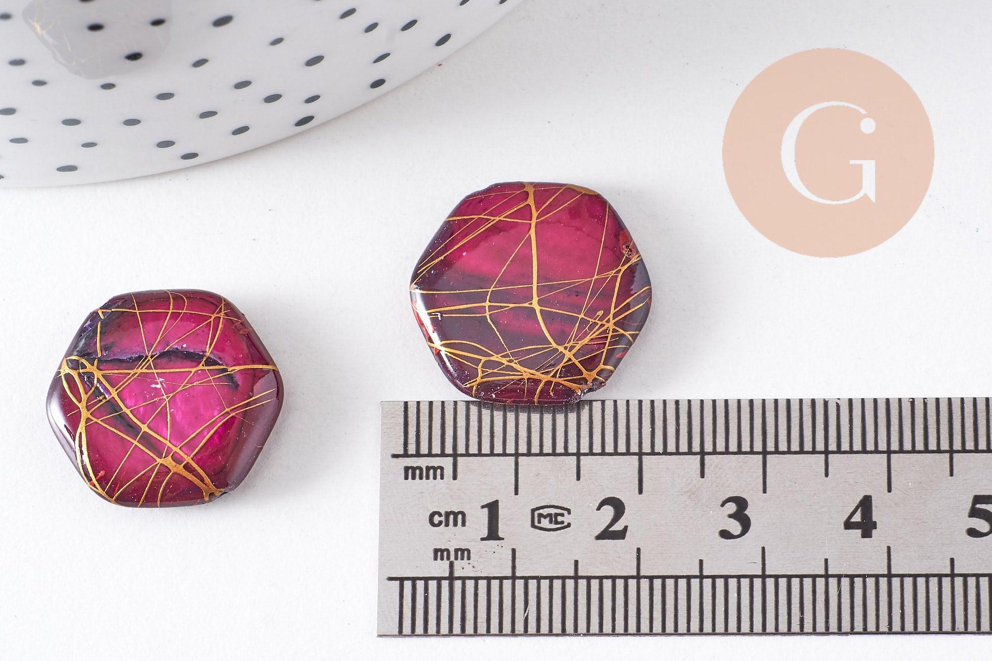 Perle hexagone nacre naturelle rose fuchsia or 20mm, x20 perles (G3855)