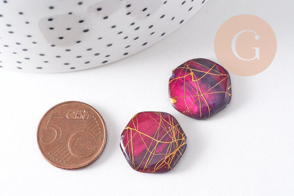 Perle hexagone nacre naturelle rose fuchsia or, perle hexagonale, coquillage ,20mm, x20 perles (G3855)